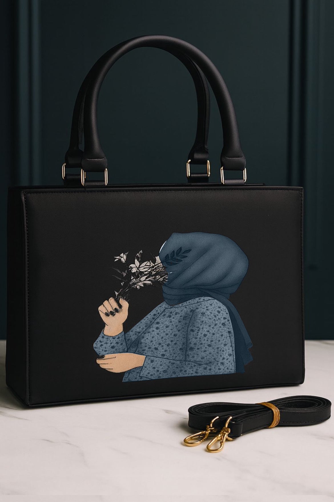 Artistic Hijab Lady Design – Elegant Tote with Detachable Strap