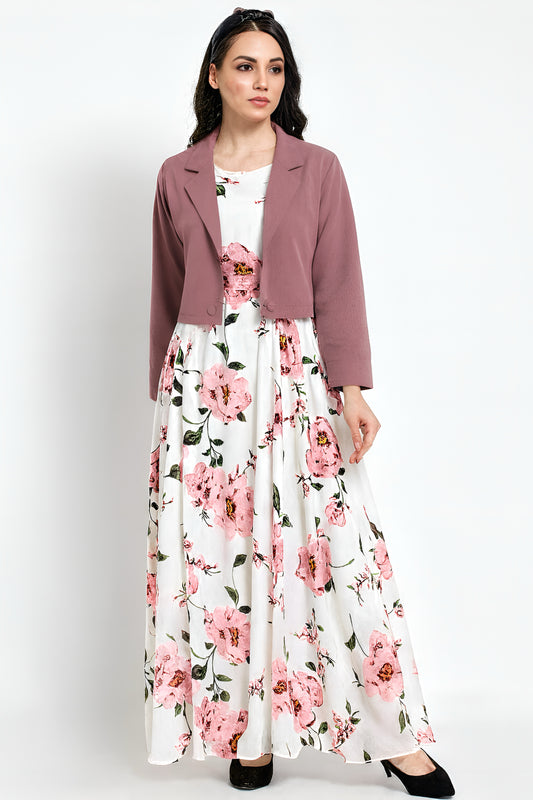 Viral Print Maxi Dress with Mauve Cropped Coat – Elegant 2 Piece Set