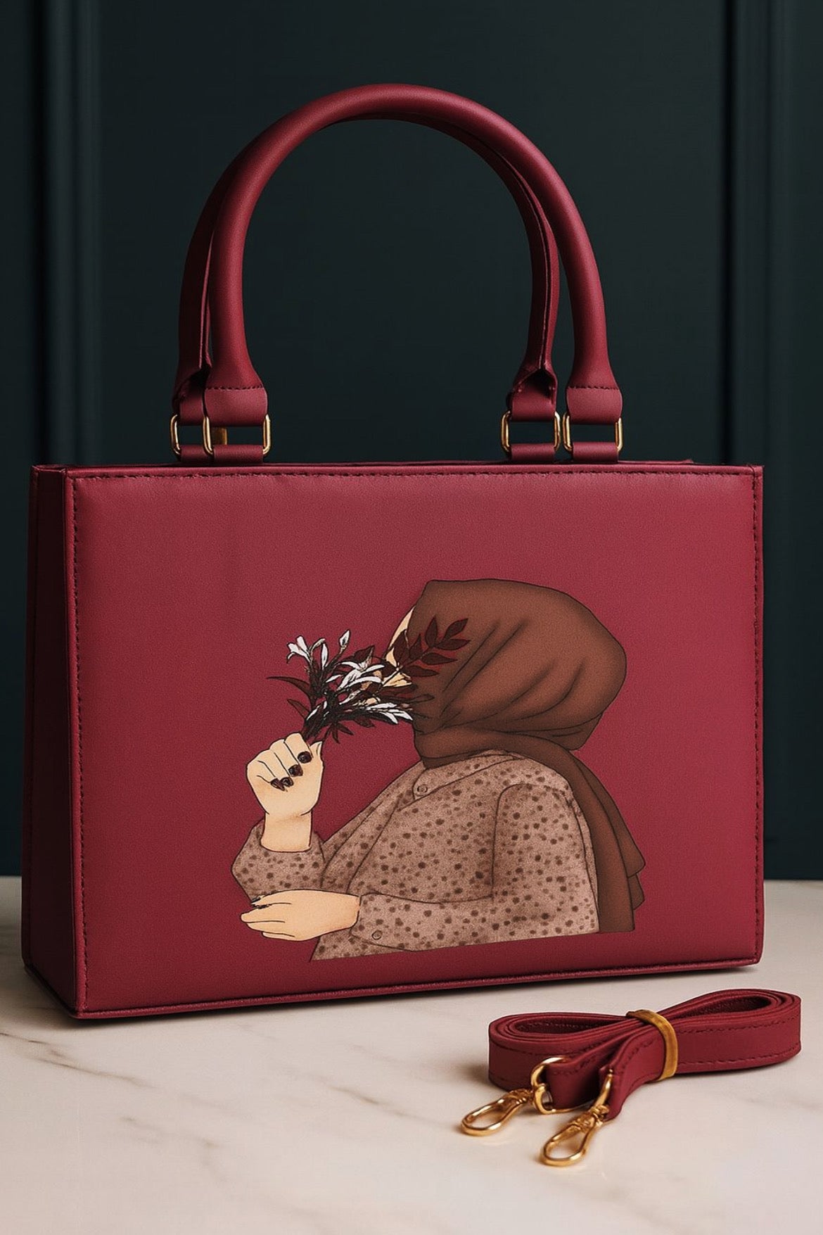 Artistic Hijab Lady Design – Elegant Tote with Detachable Strap
