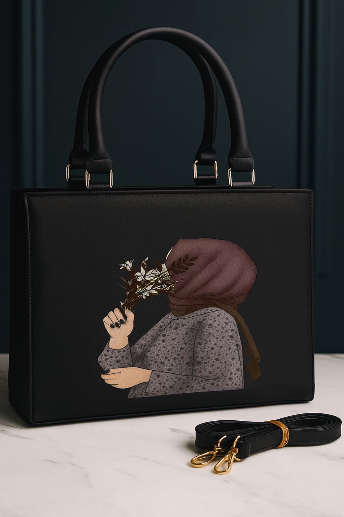 Artistic Hijab Lady Design – Elegant Tote with Detachable Strap