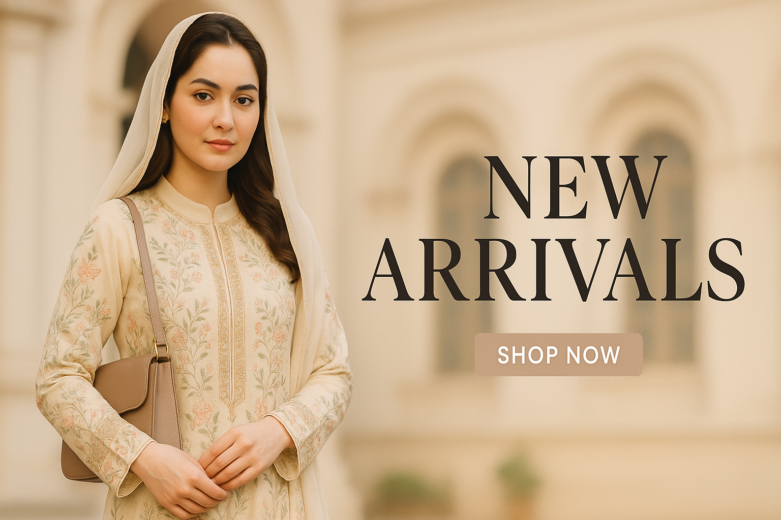 mujhe is taha ka banner bana kar do jis na na zr collection  ai na whatsapp bus new arrivals ho nich shop now or ek model ho hania amir uske hath me shoulder bag or back ground color full chiye koy haweli ke under light color ki or new arrival ki  back wala hisaa thota blur ho baki hisaa clear nazar ai or model ne clothing bhi achhi ki sir pe duttah ho full asteen ho gala bhi sahi se cover ho  
04 hawali light color ki ho or model ko sair pe duapata bhi pehnao or pakisatabi dress ho
